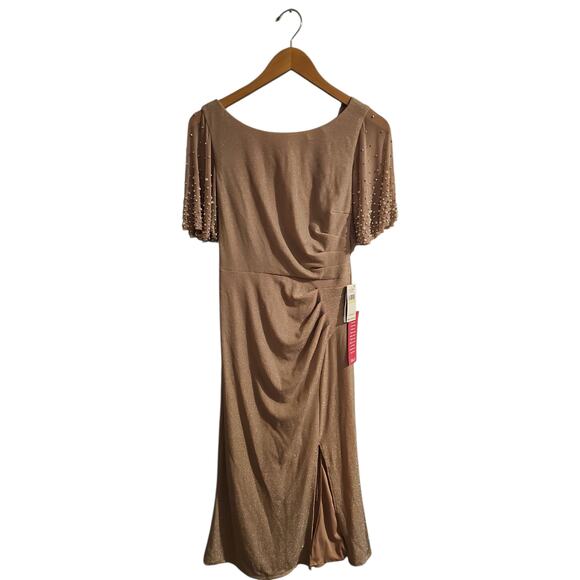 Alex Evenings Metallic Embellished Flutter Sleeve Boat Neck Ruched Waist  Gown 4 - Picture 3 of 9